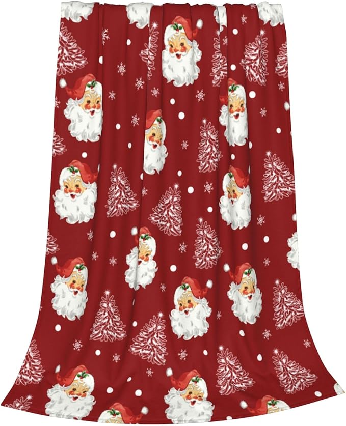 Christmas Santa Claus Throw Blankets, Xmas Soft Lightweight Anti Pilling Aldult Fleece Blanket for Women, 50x60 Inches Winter Tree Snowflake Red Decorative Blanket for Chair Couch Living Bedroomn