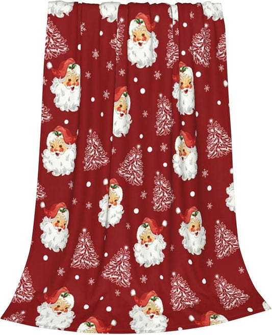 Christmas Santa Claus Throw Blankets, Xmas Soft Lightweight Anti Pilling Aldult Fleece Blanket for Women, 50x60 Inches Winter Tree Snowflake Red Decorative Blanket for Chair Couch Living Bedroomn