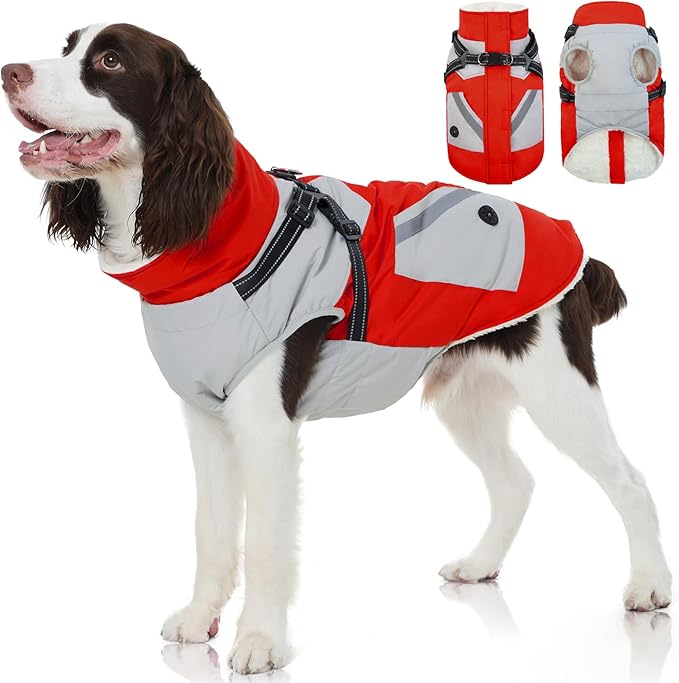 FUAMEY Dog Winter Jackets for Large Dogs,Dog Coat with Harness Built in,Waterproof Dogs Snowsuits Warm Pet Jacket Zip Up Fleece Cold Weather Coats Reflective Puppy Vest with Pocket Red L