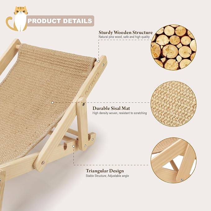 Sisal Cat Scratcher Bed with Adjustable 4-Position for Cats Scratcher Lounge, 2 in 1 Cat Sisal Chair for Indoor Cats Hammock for Scratching Pad, Natural Lounger Chair