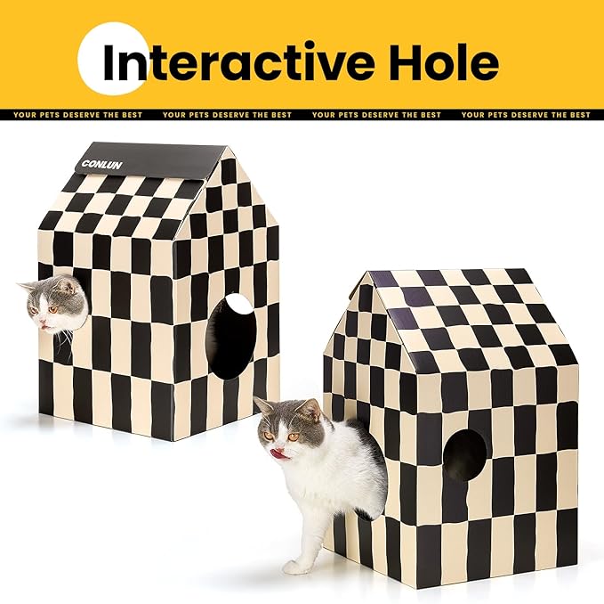 Cardboard Cat House with Scratch Pad & Catnip, Cat Play Scratching House for Indoor Hideaway Furniture, Heavy Duty Sturdy Cardboard Scratcher, Easy to Assemble Birthday Gift