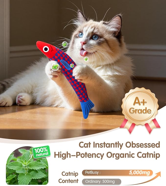 Interactive Cat Toys with[5000mg Premium A+Catnip][Baby Grade] Soft Chew Kicker Cat Toys for Indoor Cats & Kittens, Crinkle &Rattle Fish Sound Toy, Drives Bored Cats Crazy with Fun,2 Pack