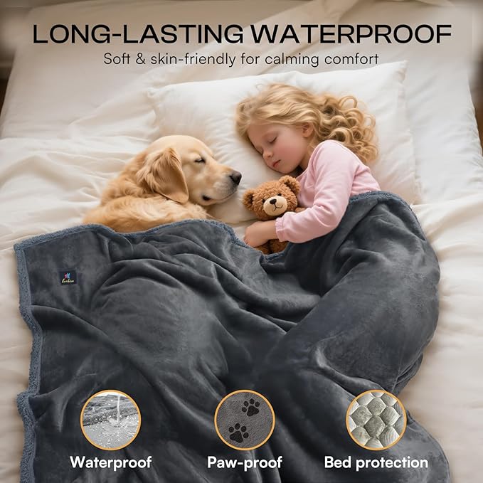 Luciphia Waterproof Blanket for Large Dogs Liquid Proof Furniture Protector Washable Pet Reversible Bed Cover for Couch Soft Sherpa Fleece Cat Blanket for Small Medium Grey Medium（57" x 40"）