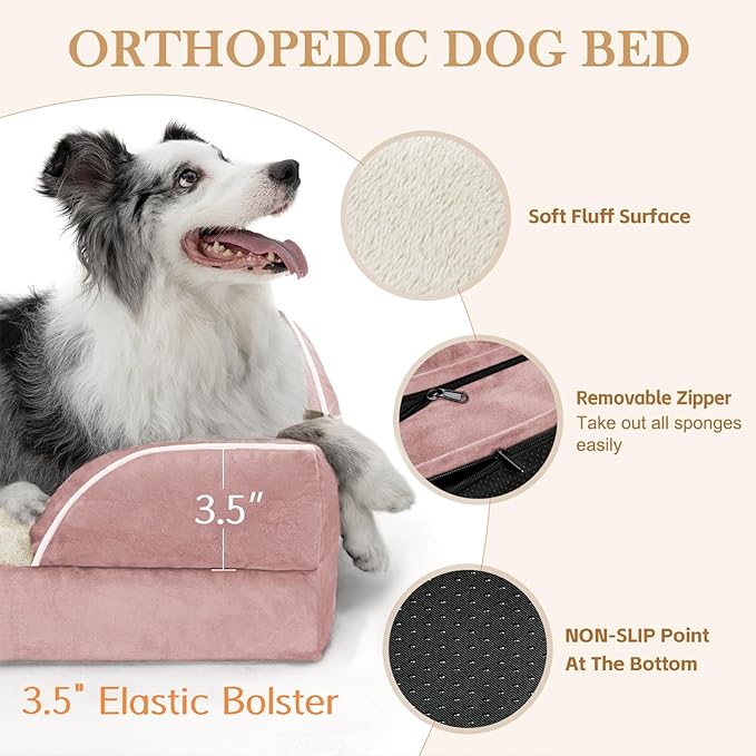 Comfort Expression Orthopedic Dog Bed for Medium Dogs 28x19 Inch, Waterproof Supportive Egg Crate Foam Medium Pet Bed with Removable Bolsters, Dog Couch with Washable Cover & Non-Slip Bottom, Pink