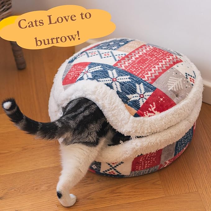 Cat Cave Bed – Plush, Warm & Calming Hideaway with Detachable Lid & Mat, Covered House for Indoor Kitten & Kitty (Redwhite)