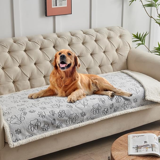 Qeils Pet Blankets for Couches, Waterproof Dog Blankets for Large Dogs, Sherpa Fleece Puppy Blanket, Soft Plush Reversible Dog Blanket, Couch Cover for Dogs Washable, 30"X70", Grey Paw Print