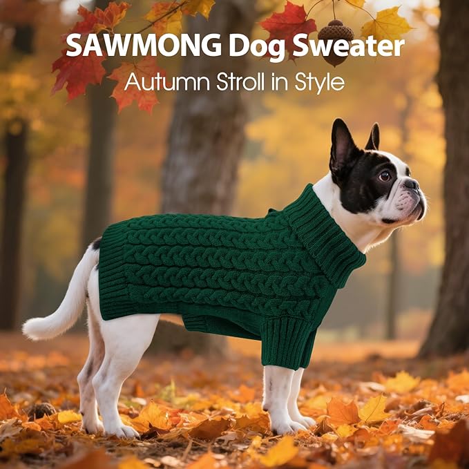SAWMONG Dog Sweater, Dog Sweaters for Large Dogs Girls Boys, Pullover Turtleneck Knitted Doggy Sweatshirt, Cold Weather Pet Clothes（Green, 2X-Large