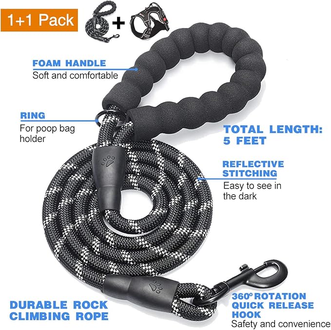 No Pull Harness with A Free Heavy Duty 5ft Leash for Medium Large Dog Adjustable Reflective Oxford Easy Control (L (Neck: 18"-25.5", Chest: 25.5"-31"), Black Harness+Leash)