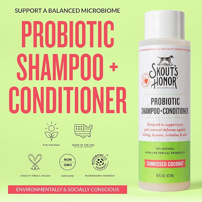 Skout's Honor Probiotic Dog Shampoo & Conditioner with Avocado Oil & Omega-3s, 97% Natural, Paraben & Sulfate-Free, Cruelty-Free, 16oz, Sunkissed Coconut, 2-Pack