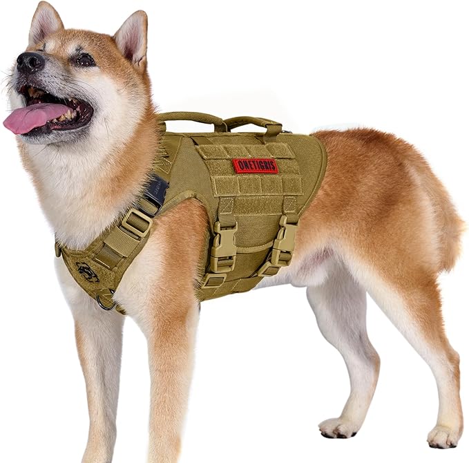 OneTigris Large Tactical Dog Harness, No Pulling Adjustable Dog Vest Harness, Heavy Duty Dog Harness with Handle, Large Hook and Loop Panels for Patch Brown