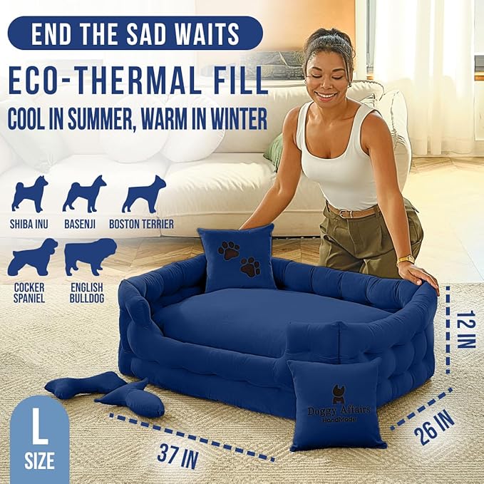Luxury Dog Bed Chesterfield – Handcrafted Velvet Throne for Dogs | Joint Support, Calming & Temp-Regulating Comfort | Durable 5+ Years, Anti-Claw, Washable 100+ Times – L, Blue