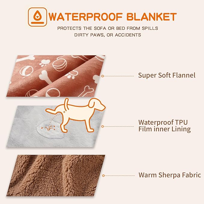 Waterproof Dog Blankets Pet Blanket 50"x60", Soft Fluffy Sofa Car Bed Protector, Reversible Sherpa Fleece Dog Blanket for Small Medium Large Dogs Cats (Light Brown-Baseball)