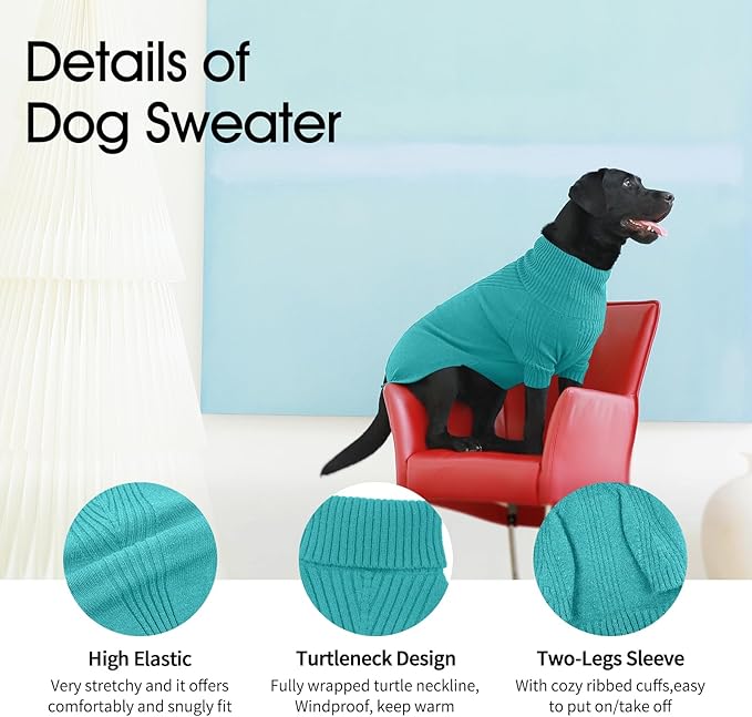 IECOii Extra-Large Dog Sweater 4XL,Christmas Dog Sweaters for Extra Large Dogs Girl Boy,Turtleneck Knitted Knitwear Easy On Doggie Sweatshirt Dog Sweater for Doberman,Great Dane(Lake-Green,XXXXL)