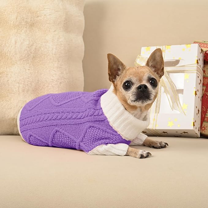 Dog Sweater for Small Dogs Argyle Cable Knit Turtleneck Pullover Winter Clothes Boys Girls Stretch Puppy Doggie Chihuahua Yorkie Pomeranian Toy Poodle Pet (XS, Purple)