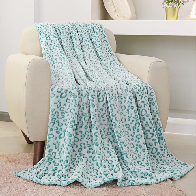 FY FIBER HOUSE Flannel Fleece Throw Microfiber Blanket with 3D Cheetah Print,90"X108",Lake Blue