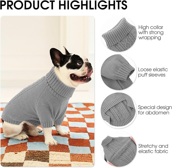 SAWMONG Dog Sweater for Large Dogs, Turtleneck Knitted Pullover Sweater Sweatshirt, Classic Winter Warm Pet Sweater for Boy Girl Pet Chihuahua, French Bulldog, Golden Retriever, Pug, Cat (Grey, 2XL)