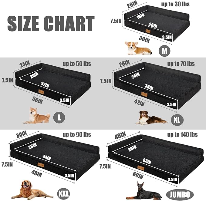 Patas Lague Orthopedic XL Dog Bed Large Sized Dog 42''X28'', Waterproof L Bolster Big Pet Sofa Beds with Removable Washable Cover, Soft Comfortable Pet Couch Crate Mat with Nonskid Bottom, Black