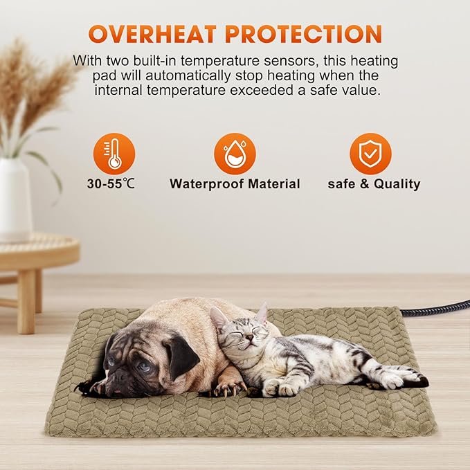 GASUR Pet Heating Pad, Waterproof Electric Dog Cat Heat Pad with Timer, Temperature Adjustable Heated Cat Bed for Winter, Auto Power-Off, Anti-bite Heated Pad for Dogs Cats -28''x20'', Medium