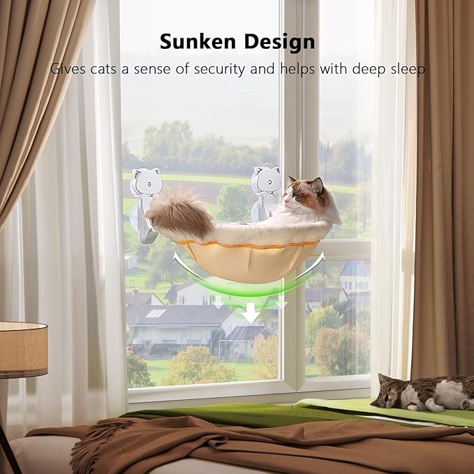 Cat Window Perch Cordless, Foldable & Stable Cat Beds- Breathable Cat Window Hammock for Overlooking, Sunbathing and Climbing - Maximum Hold Up to 40lb
