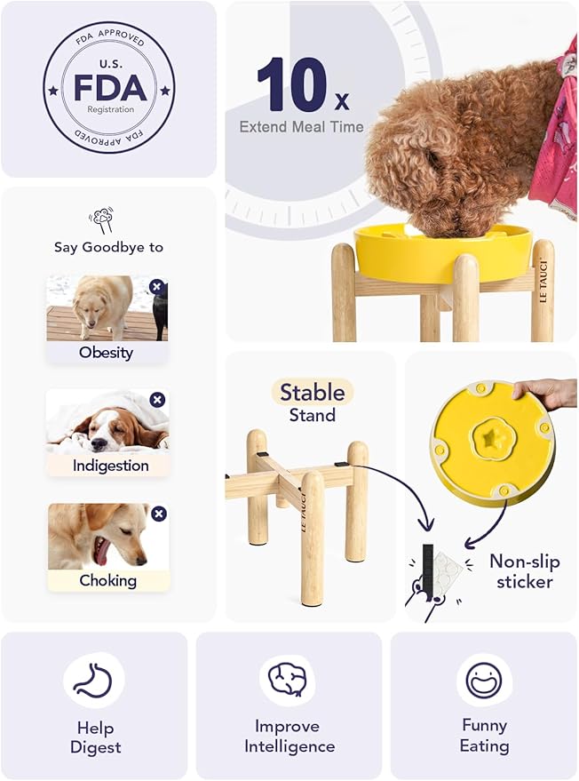 LE TAUCI Ceramic Slow Feeder Dog Bowls Elevated, 3 Cup Raised Bowl with Wooden Stand for Medium Large Breed, Slow Down Eating, Puzzle Dog Food Bowl, Star Yellow