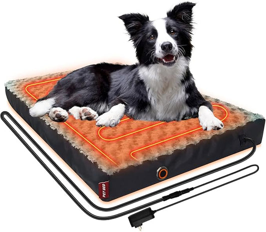 HEATFOX Upgraded Heated Dog Bed, 12V 24W Safe Voltage Arthritis Orthopedic Dog Bed with Memory Foam, Heated Pet Bed with Waterproof Cover for Medium, Large (M)