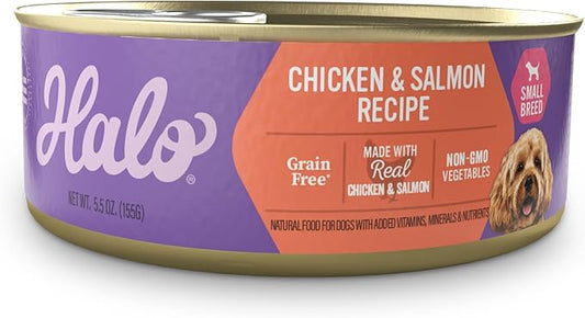 Halo Small Breed Wet Dog Food, Chicken & Salmon Recipe, Grain Free Real Meat Canned Dog Food, Meal or Topper, 5.5 Oz Can (Pack of 12)