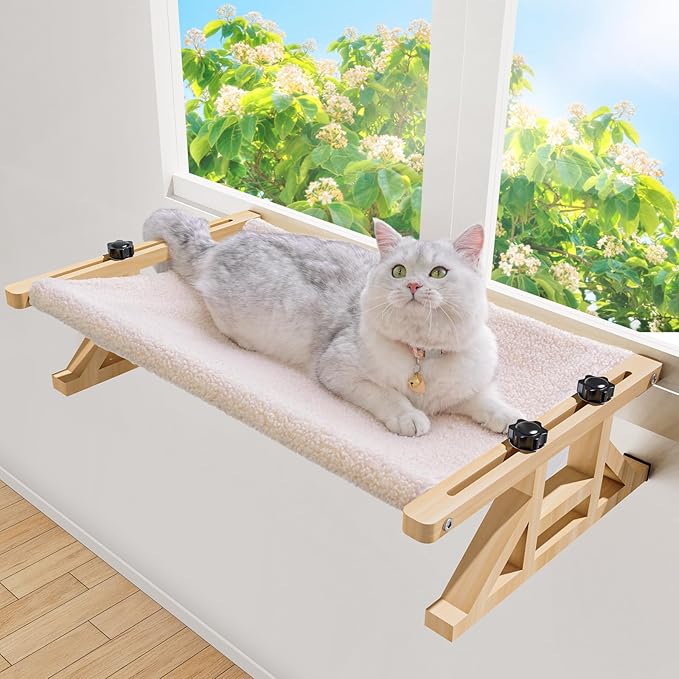 Tresbro 2-IN-1 Cat Window Perch & Elevated Cat Hammock, 26''L × 15.7''W × 10.2"H Wooden Frame Pet Bed for Large Indoor Cats, Easy Setup, Adjustable, No Drilling, Cats Seat for Window, Bedside, Ground