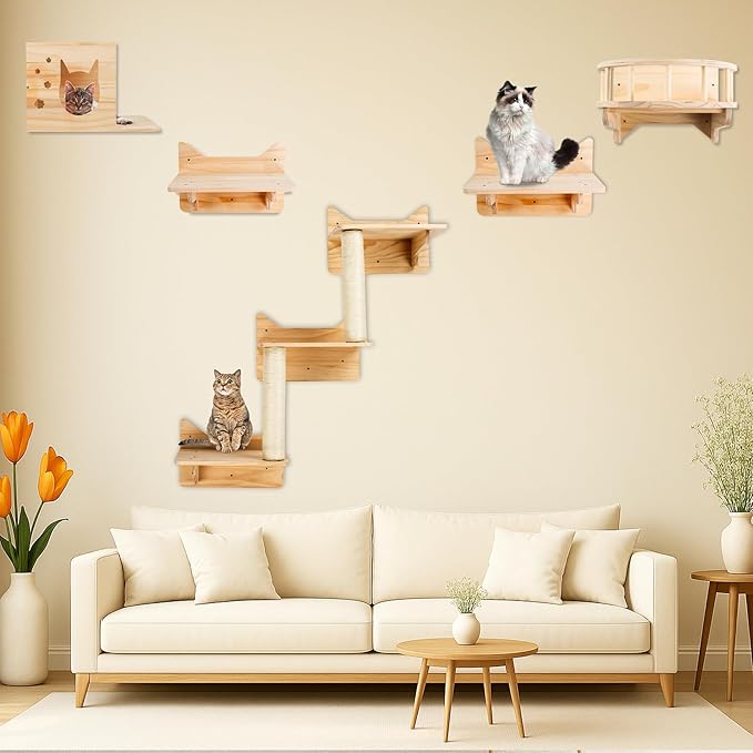 Cat Wall Shelves, Furniture Set, Shelves and Perches for Wall, Climbing Shelf Playground Scratching Post with 3 Steps Indoor Mounted Condos House