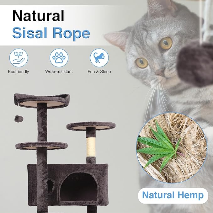 FDW Cat Tree 54in Cat Tower Multi-Level Durable Cat Scratching Post & Cozy Fun Cat Jumping Platform Space Saving Cat Condo Pet Play House for Indoor Cats,Purple Gray