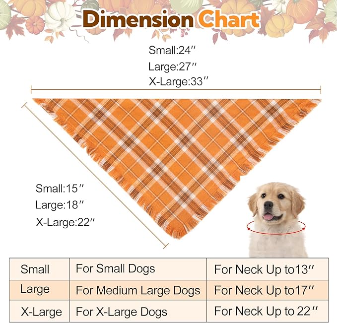 Kytely Thanksgiving Fall Dog Bandana 2Pack, Autumn Dog Bandanas, Orange Plaid Pet Scarf for Boy and Girl, Holiday Halloween Reversible Triangle Bibs Accessories for Dogs Pets(Small)