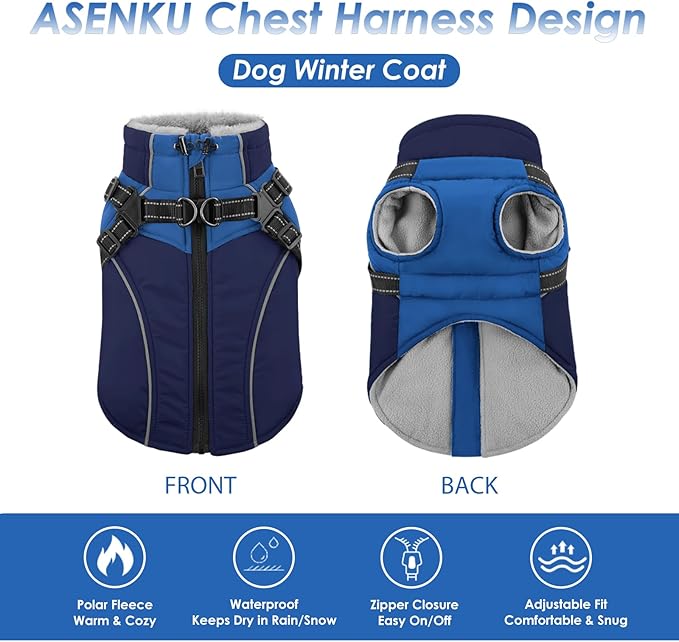 ASENKU Reflective Dog Coat with Built-in Harness, Windproof Fleece-Lined Dog Jacket for Small, Medium, Large Dogs, Warm Winter Vest with Turtleneck & Zipper (Navyblue L)