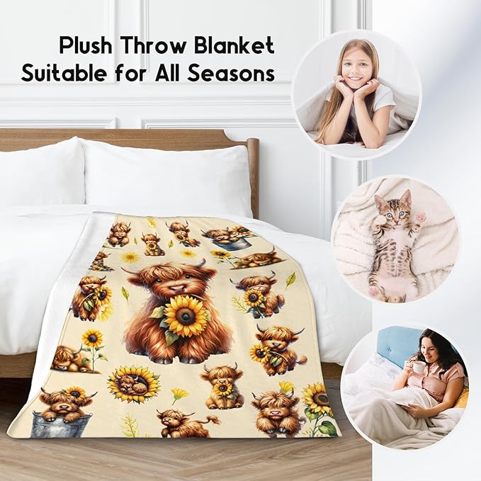 Kids Throw Blankets, Highland Cow Blanket Gifts for Girls Women Adults, Cow Gifts with Sunflower, Warm Flannel Throw for Couch Living Room, 60"x80"