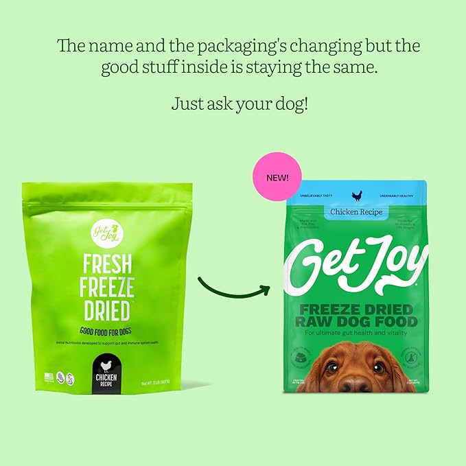Get Joy Freeze Dried Raw Chicken Dog Food, High Protein Grain Free Meal, Topper & Treat, Gut Health Support with Probiotics, Small to Large Breed, 32oz Bag