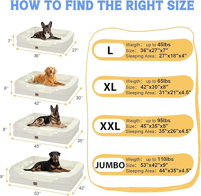 Orthopedic Washable Large Dog Bed - Egg Foam Dog Bed for Large and Medium Dogs Big Pet Beds with Removable Washable Cover and Bolster Non-Slip Bottom
