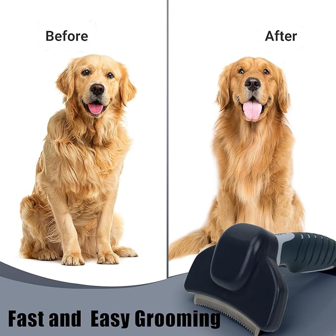 HOP Dog Deshedding Brush for Short Haired Dogs Cats Pets Professional Deshedding Tool Anti-Slip Handle & Detachable Head Highly Effective Deshedder Grooming Home of Paws(Dark Blue_M)
