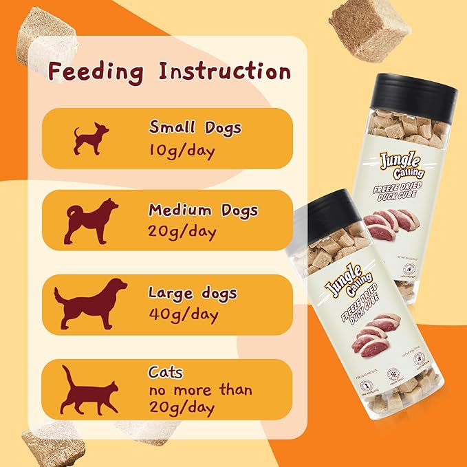 Jungle Calling Freeze Dried Duck Dog & Cat Treats - High Protein, Low Fat, Made with a Single Ingredient - Perfect for Training and Snacking, 2.8 oz (Duck Cube)