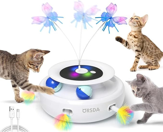 ORSDA Cat Toy, 3-in-1 Automatic Interactive Electronic Moving Ambush Feather, Fluttering Butterfly, Track Balls, USB Rechargeable Powered Smart Indoor Exercise Kicker
