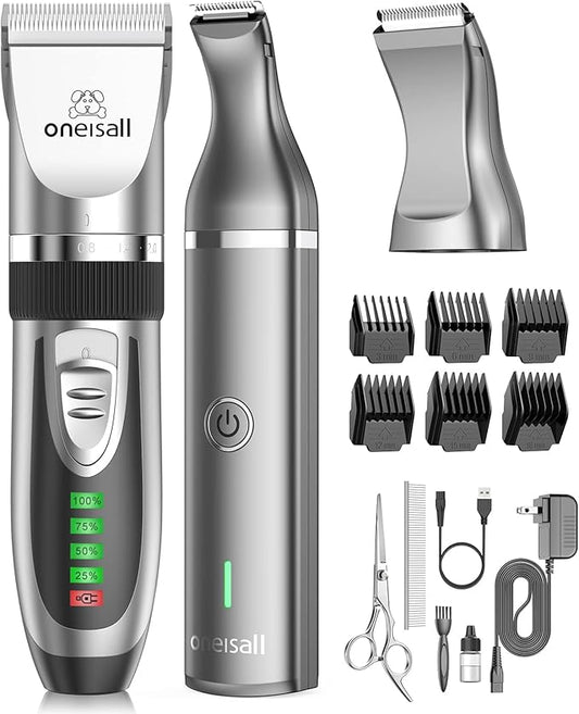 oneisall 2 in 1 Pet Cat & Dog Grooming Kit - Quiet Cordless Dog Clippers & Paw Trimmer for Grooming Pet Hair