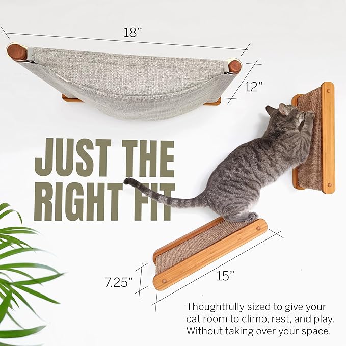 The Play Series – Wall-Mounted Cat Hammock & Two Sisal-Wrapped Shelves – Built for Climbing, Lounging, Scratching, and Play – for Playful, Happy Cats – Modern Bamboo Cat Furniture