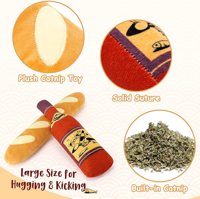 CiyvoLyeen Catnip Toy, Bread Wine Bottle Cat Kicker Toys Baguette Large Interactive Chew Teething for Kitten Indoor Filled Plush Catmint Stuff Gift for Cat Lover 2PCS