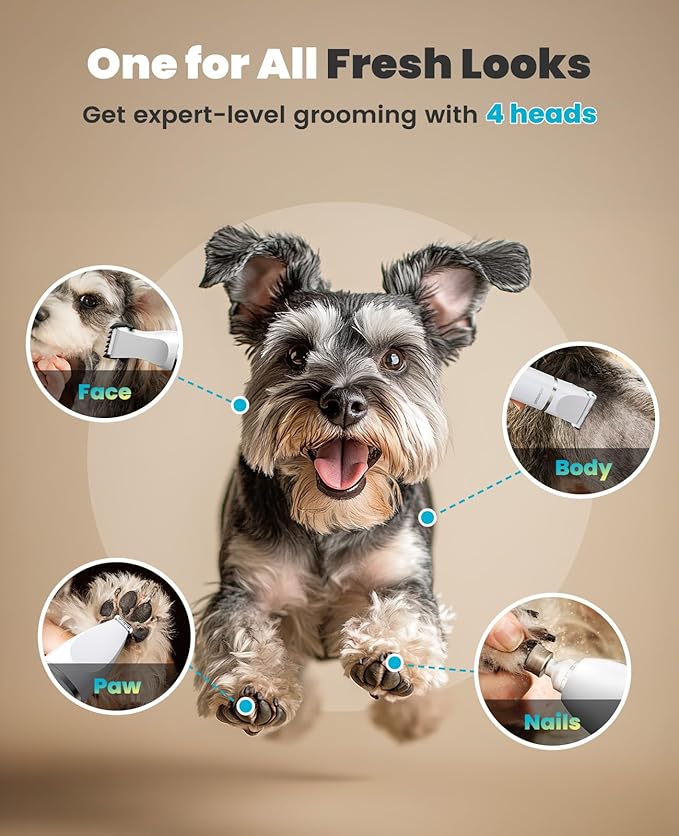 oneisall 4 in 1 Dog Grooming Kit with LCD Display, Dog Hair Trimmer for Paw Nail Grinder, Rechargeable Cordless Low Noise IPX7 Waterproof Pet Clippers (White)