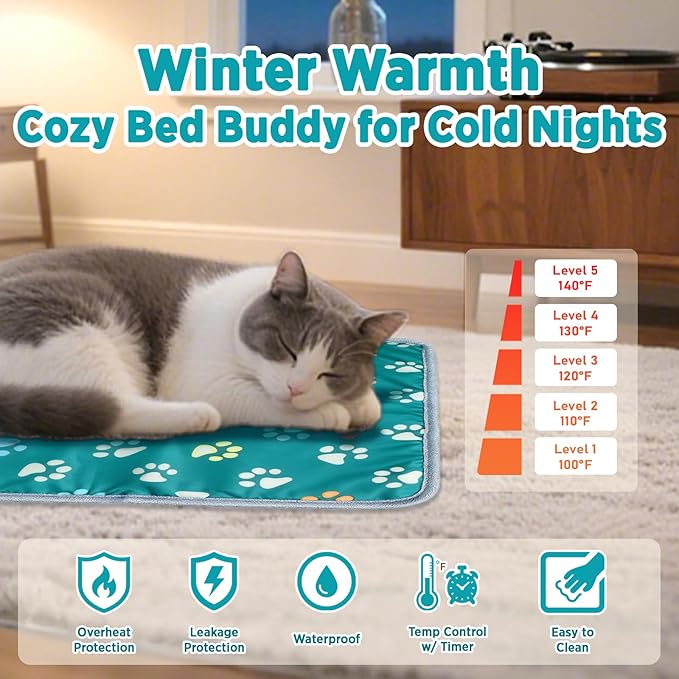 furrybaby Pet Heating Pad, Waterproof Dog Heating Pad Mat for Cat with Durable Anti-Bite Tube Indoor for Puppies Dogs Cats (1 Pack Green, 24 X 16in, Temp Adjustable)