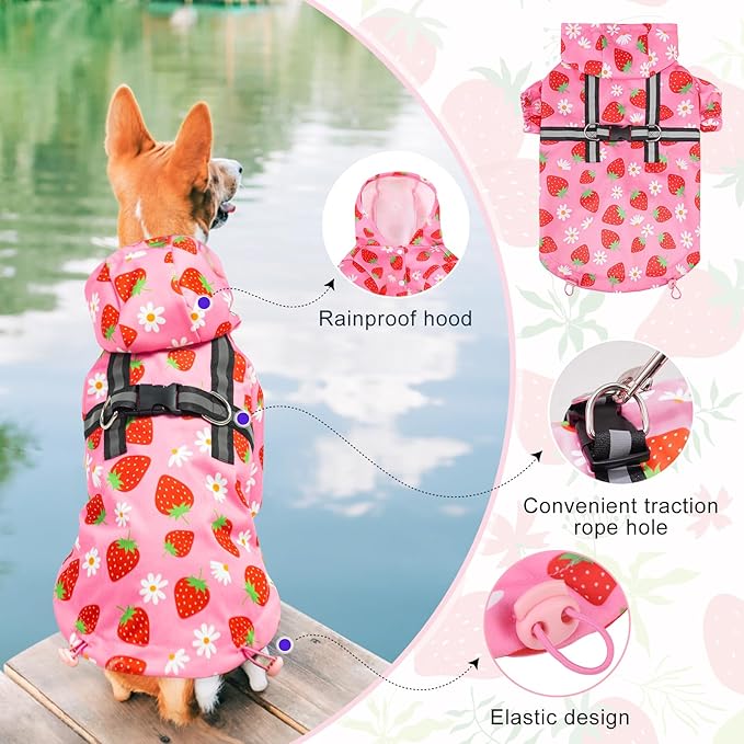 BEAUTYZOO Dog Raincoat Hooded with Harness Built-in for Small Medium Large Dogs Girls Boys, Dog Rain Jacket Slicker Poncho, Waterproof Dogs Rain Coat Clothes for Winter Rainy Snowy Days, Pink L