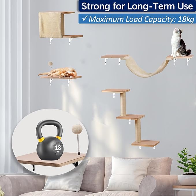 Cat Shelves for Wall, Solid Wood Cat Wall Furniture, with Cat's House, Bed, Hammock, Sisal Scratching Post Ladder (Beige)