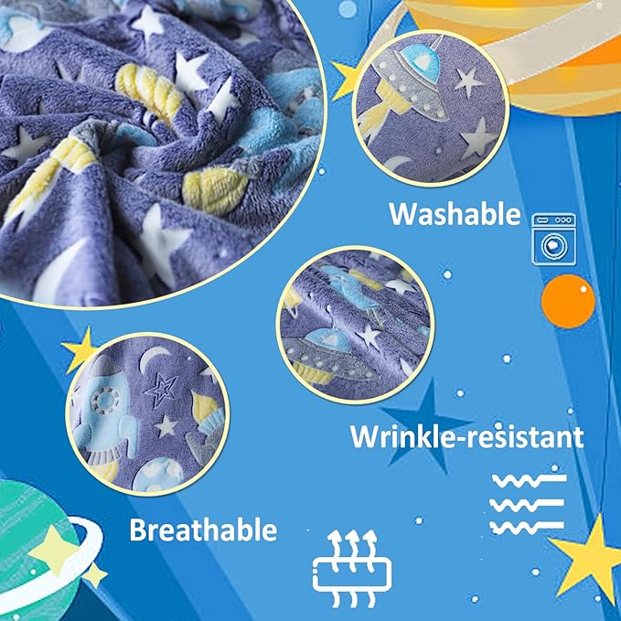 Best Gift Halloween Space Glow in The Dark Rocket Throw Blanket with Storage Bag, Soft Throw Blanket for Boys, Gifts for Christmas Birthday New Year, Kids Blanket, Day Care Home Use, 50"x60" Blue