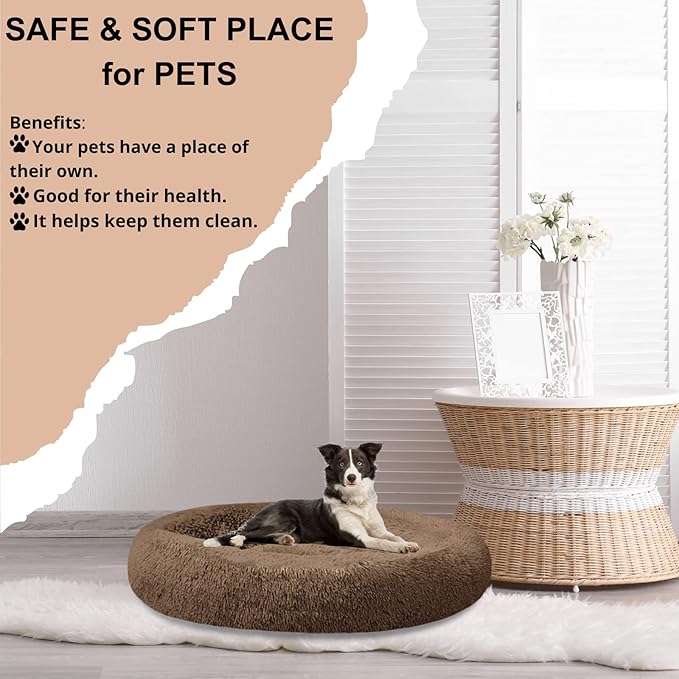 SAVFOX Plush Calming Dog Beds, Donut Dog Bed for Small Dogs, Medium, Large & X-Large, Comfy Cuddler Dog Bed and Cat Bed in Faux Fur, Washable Dog Bed, Multiple Sizes XS-XXL