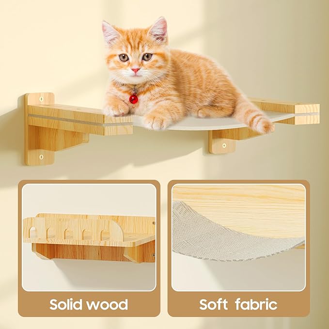 MeowHomm Cat Wall Shelves, Set of 6 Wooden Cat Wall Furniture Includes Scratching Post with 3 Steps, Jumping Platform, Hammock and Scratcher Board for Kittens