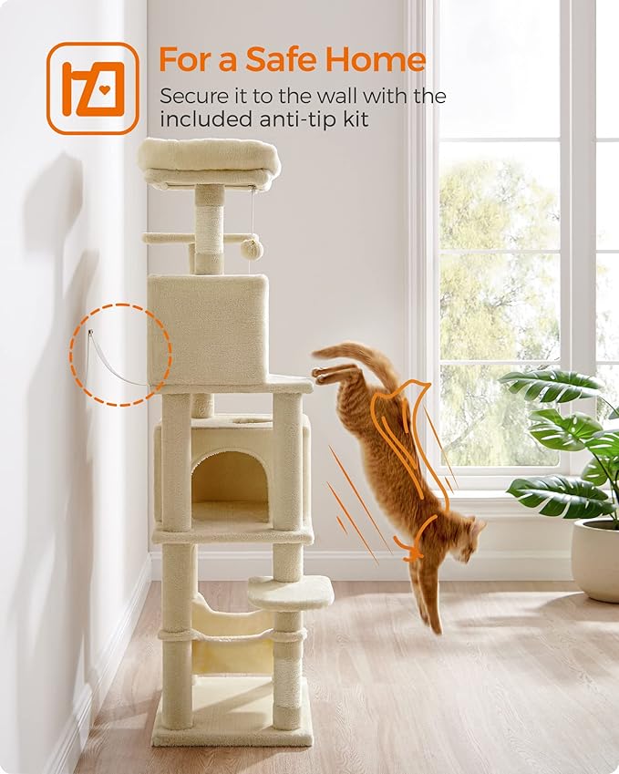 Feandrea Cat Tree, 61-Inch Cat Tower for Indoor Cats, Plush Multi-Level Cat Condo with 5 Scratching Posts, 2 Perches, 2 Caves, Hammock, 2 Pompoms, Beige UPCT192M01