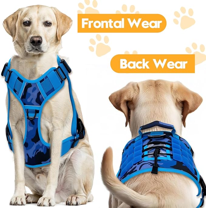 Heavy-Duty Tactical Dog Harness for Large Dogs, No Pull Adjustable Reflective Pet Vest with Molle System, K9 Military-Grade Control for Service Training, Outdoor & 10+ Breeds, Blue Camo, X-Large