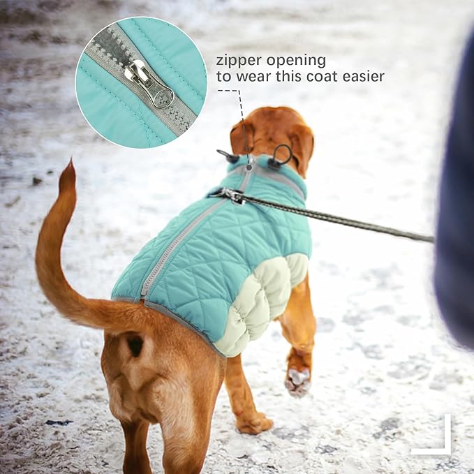 FUAMEY Dog Coat for Large Dogs,Waterproof Dog Winter Jacket with Harness Built in Puppy Cold Weather Coats Reflective Pet Vest with Zipper Warm Fleece Dogs Snowsuit Windproof Mint Green XXL